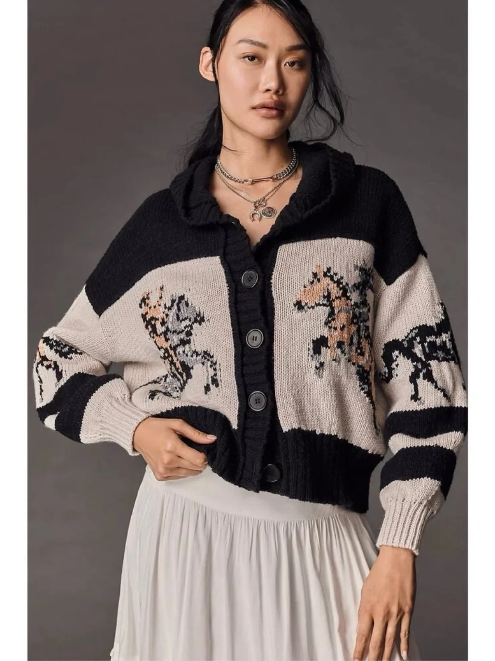 NWT Anthropologie Pilcro Horse Graphic Chunky Knit Cardigan Sweater Size Medium